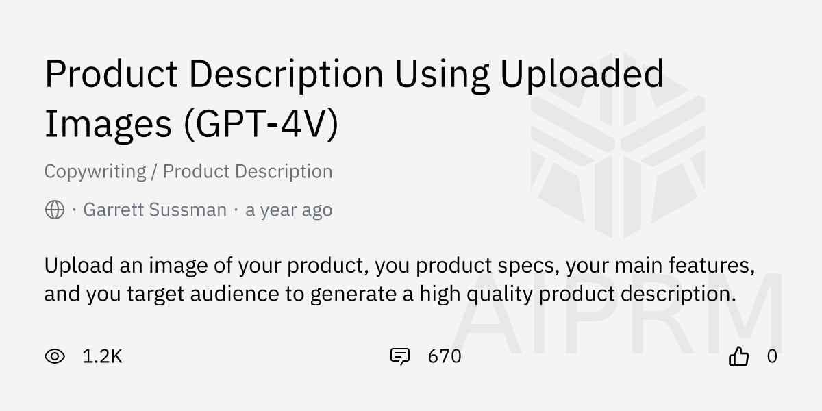 Prompt Product Description Using Uploaded Images GPT 4V By Garrett