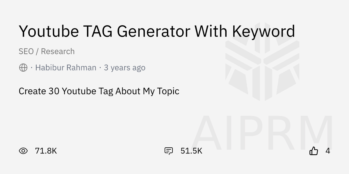 Prompt "Youtube TAG Generator With Keyword" by "Habibur Rahman" AIPRM