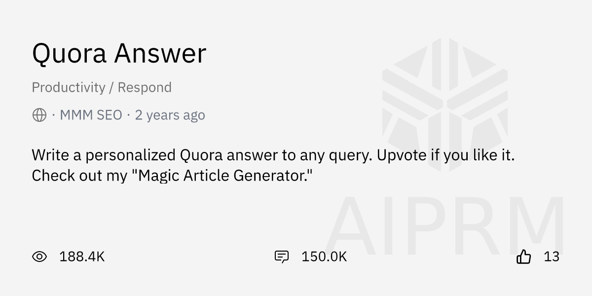 Prompt "Quora Answer" by "MMM SEO" AIPRM for ChatGPT