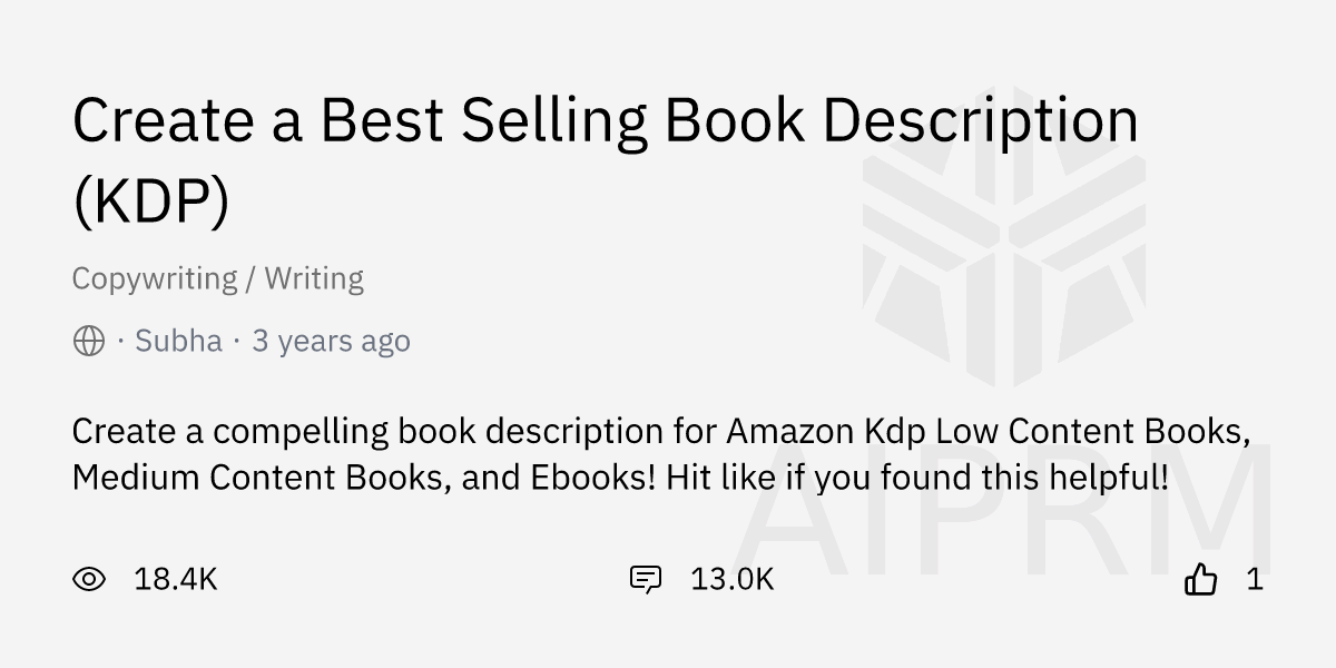 Prompt "Create a Best Selling Book Description (KDP)" by "Subha