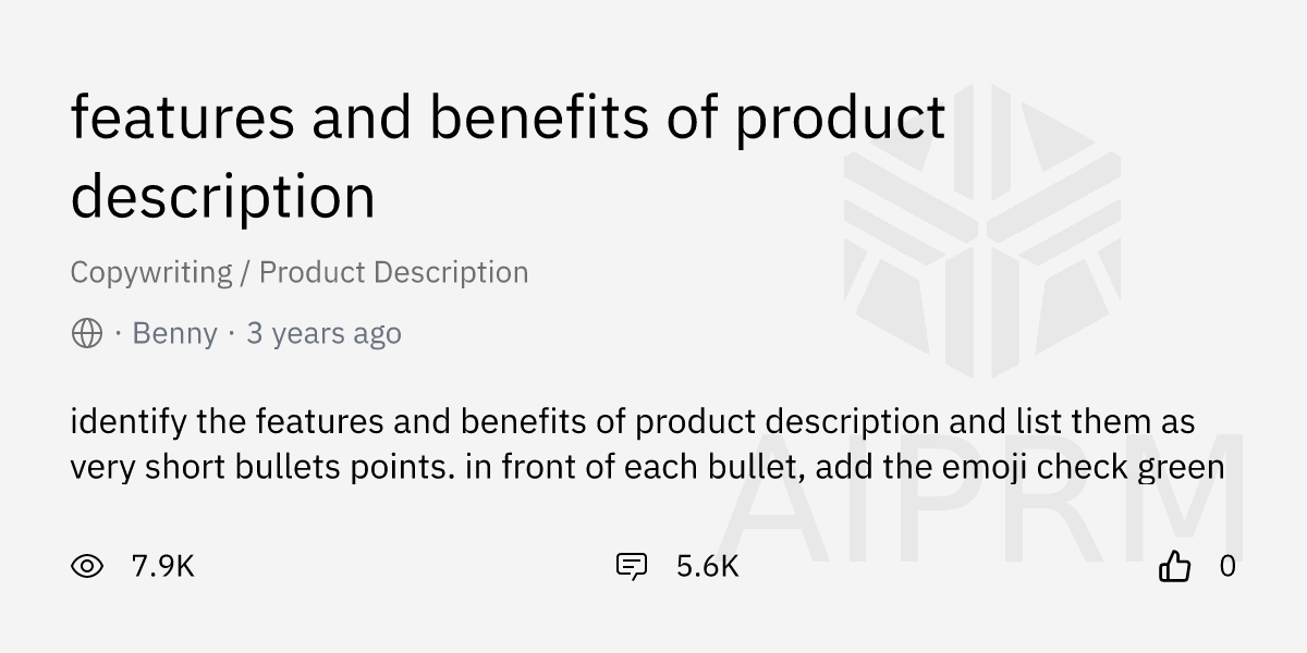 Prompt "features and benefits of product description" by "Benny
